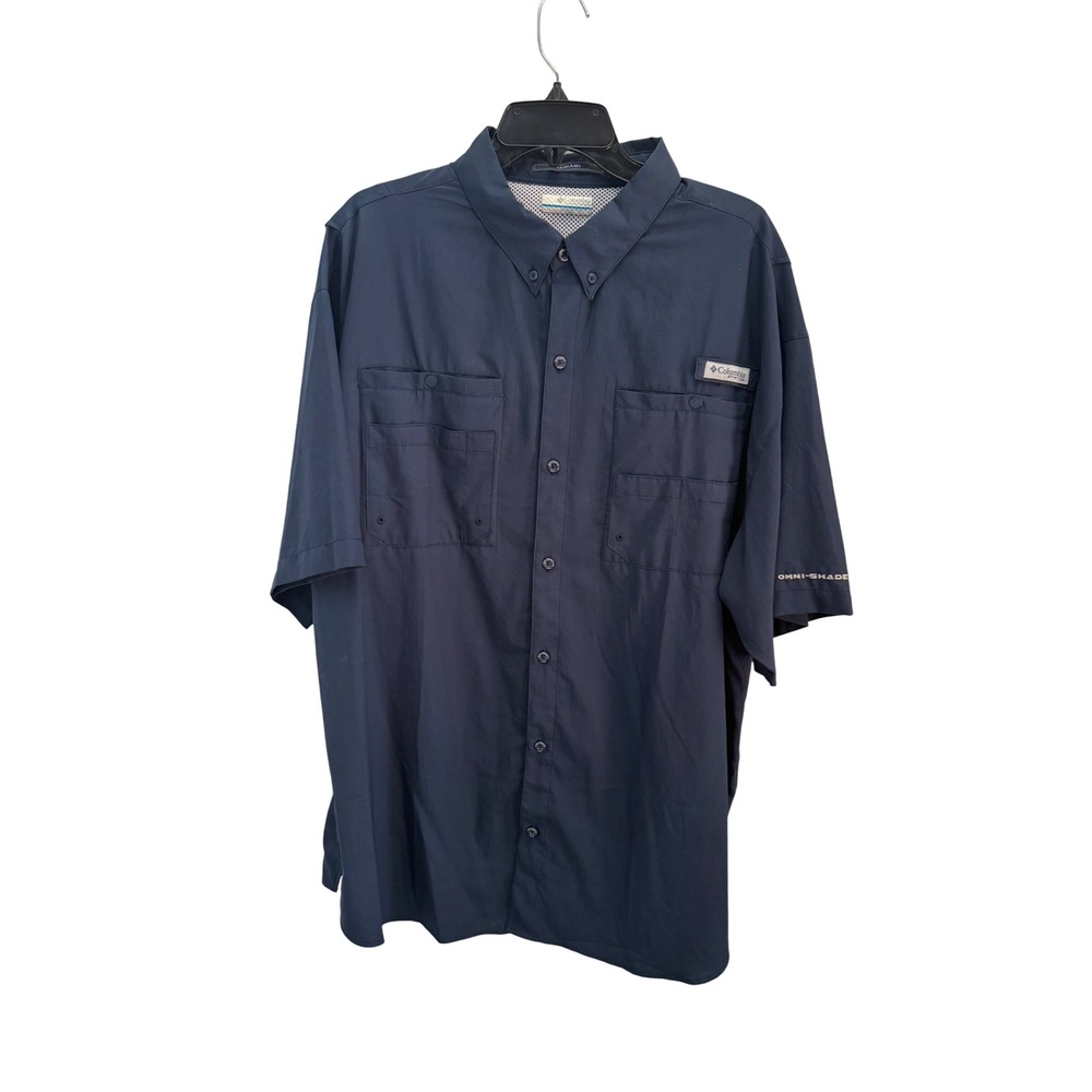 Columbia PFG Tamiami Shirt Mens XXL Navy Blue Short Sleeve Fishing Dell Docks